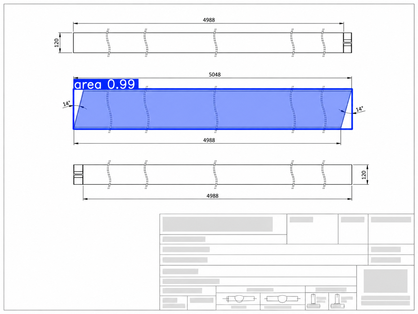 Anonymized industrial technical drawing with YOLO detection highlighting an inclined cut area in blue.